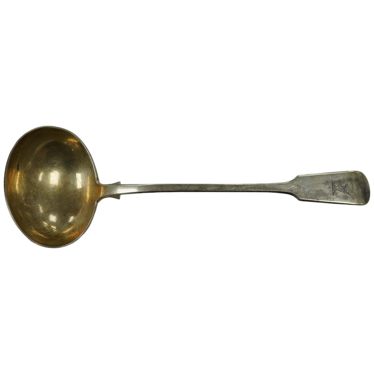 A Victorian silver fiddle pattern soup ladle, London, 1883, 32.2cm, 8.9oz. Condition - fair